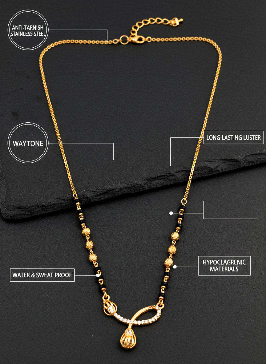 Elegant Gold Plated Mangalsutra for Women with CZ Studded Pendant and Black Beads - MVMFMSGD179