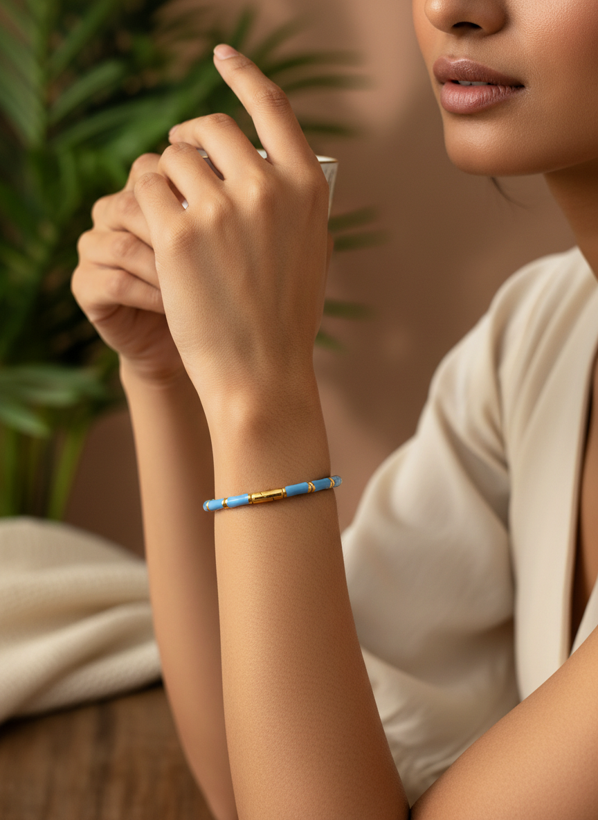 Elegant Light Blue Enamel Bamboo Bangle Bracelet for Women - 18K Gold Plated Stackable Wrist Accessory, Stylish Nature-Inspired Fashion Jewelry - MVHSBRGD144