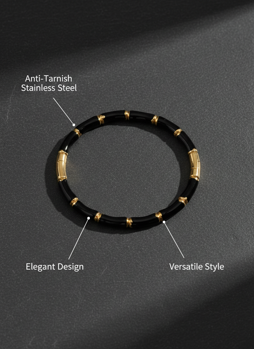 _80: Women Gold Plated Black Bamboo Segmented Bracelet Contemporary Bangle Jewelry - MVHSBRGD140