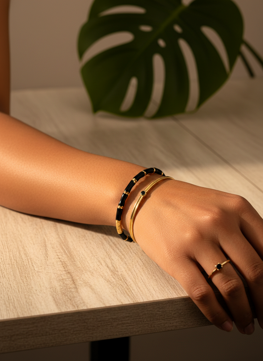 _80: Women Gold Plated Black Bamboo Segmented Bracelet Contemporary Bangle Jewelry - MVHSBRGD140