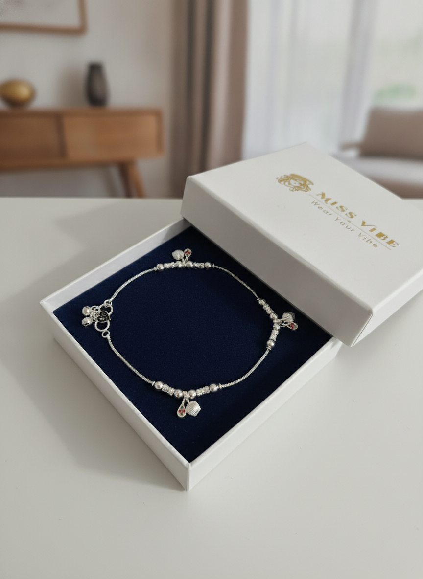 Women's Silver Plated Traditional Payal Heart Charm Anklets Pair for Girls - MVDRAKSR196