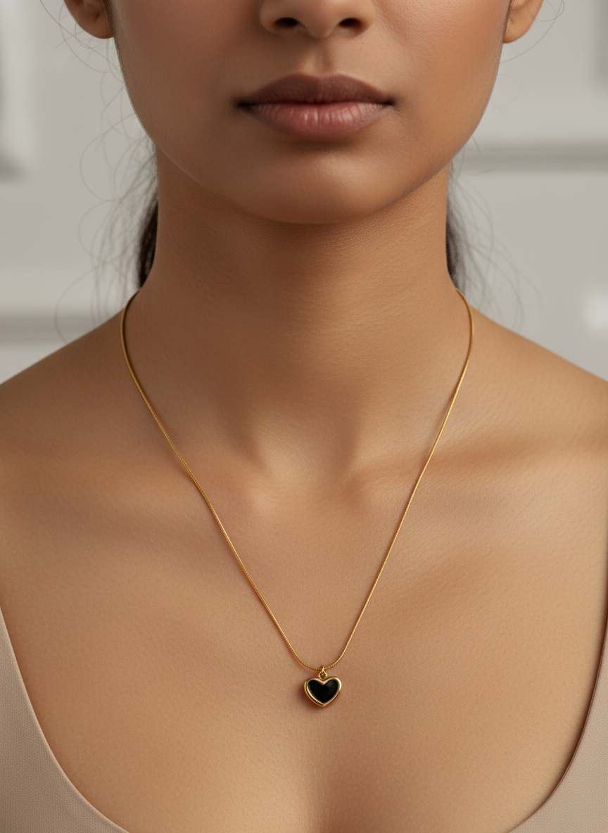 Elegant Black Heart Pendant Necklace for Women - Gold Color Plated Stainless Steel Snake Chain Jewelry - Minimalist Dainty Gift for Her - MVHSNKGD30
