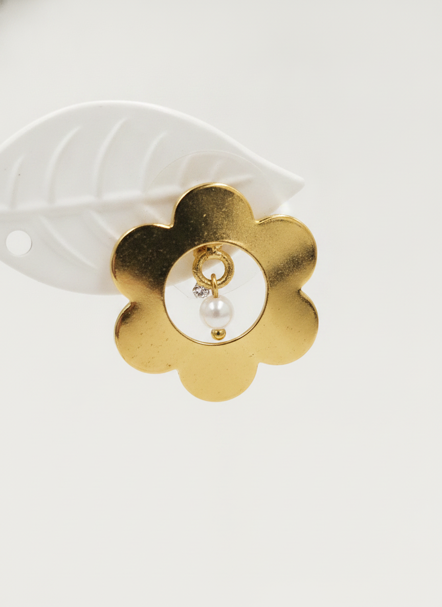 Gold Plated Flower Stud Earrings with Dangling Pearl for Women and Girls - MVJPERGD209