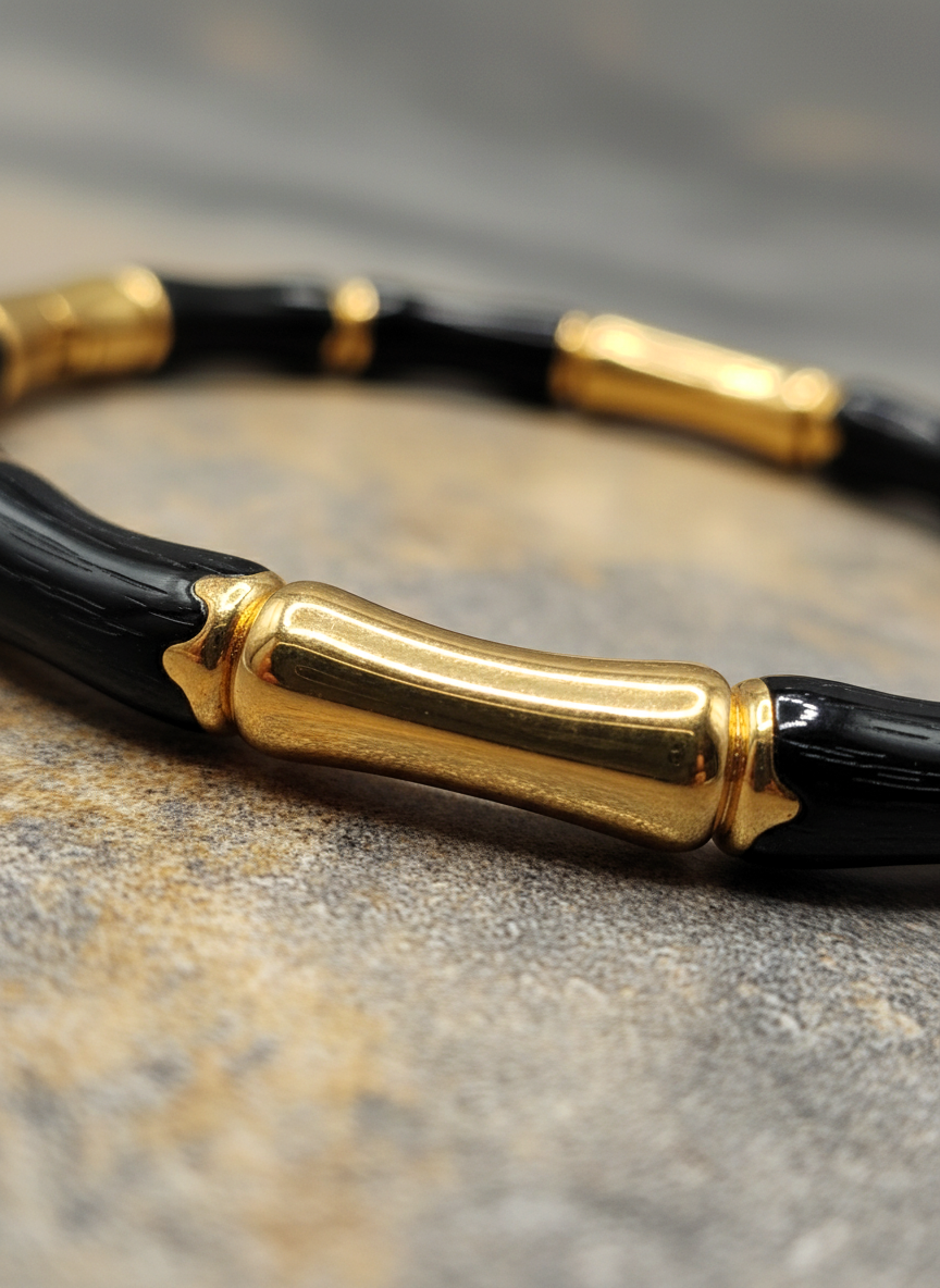 _80: Women Gold Plated Black Bamboo Segmented Bracelet Contemporary Bangle Jewelry - MVHSBRGD140