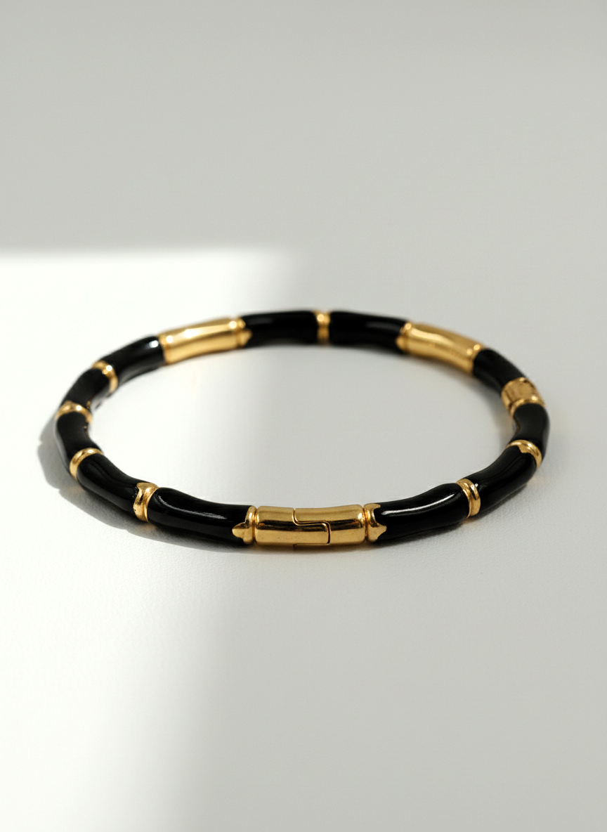 _80: Women Gold Plated Black Bamboo Segmented Bracelet Contemporary Bangle Jewelry - MVHSBRGD140