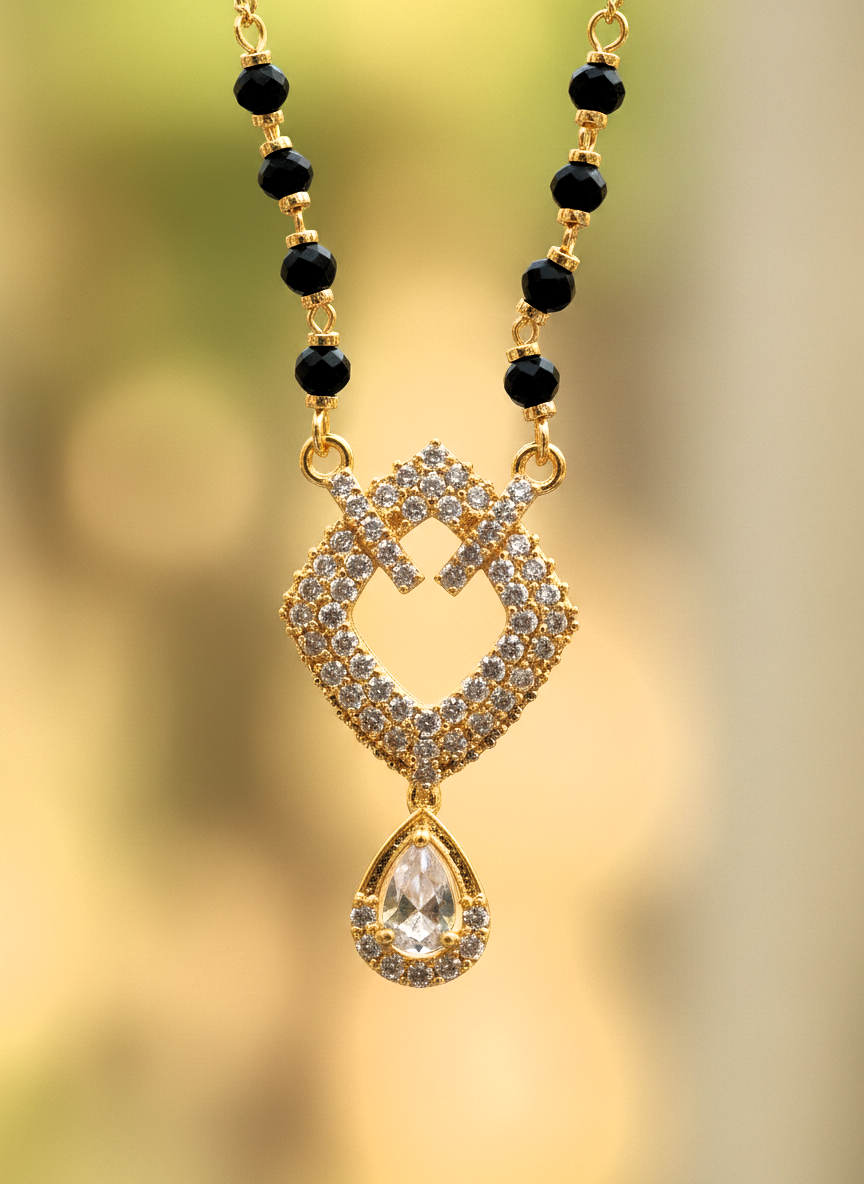 Gold Plated CZ Studded Mangalsutra with Black Beads for Women - MVMFMSGD177