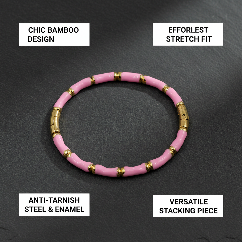 MVH Pink and Gold Bamboo Tube Stretch Bracelet for Women – Stackable Enamel Boho Chic Jewelry – Lightweight Summer Statement Accessory - MVHSBRGD141