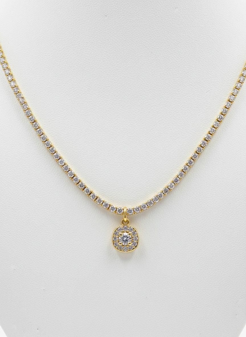 Gold Plated CZ Stone Studded Tennis Chain Necklace with ROUND  Pendant Women - MVANNKGD158