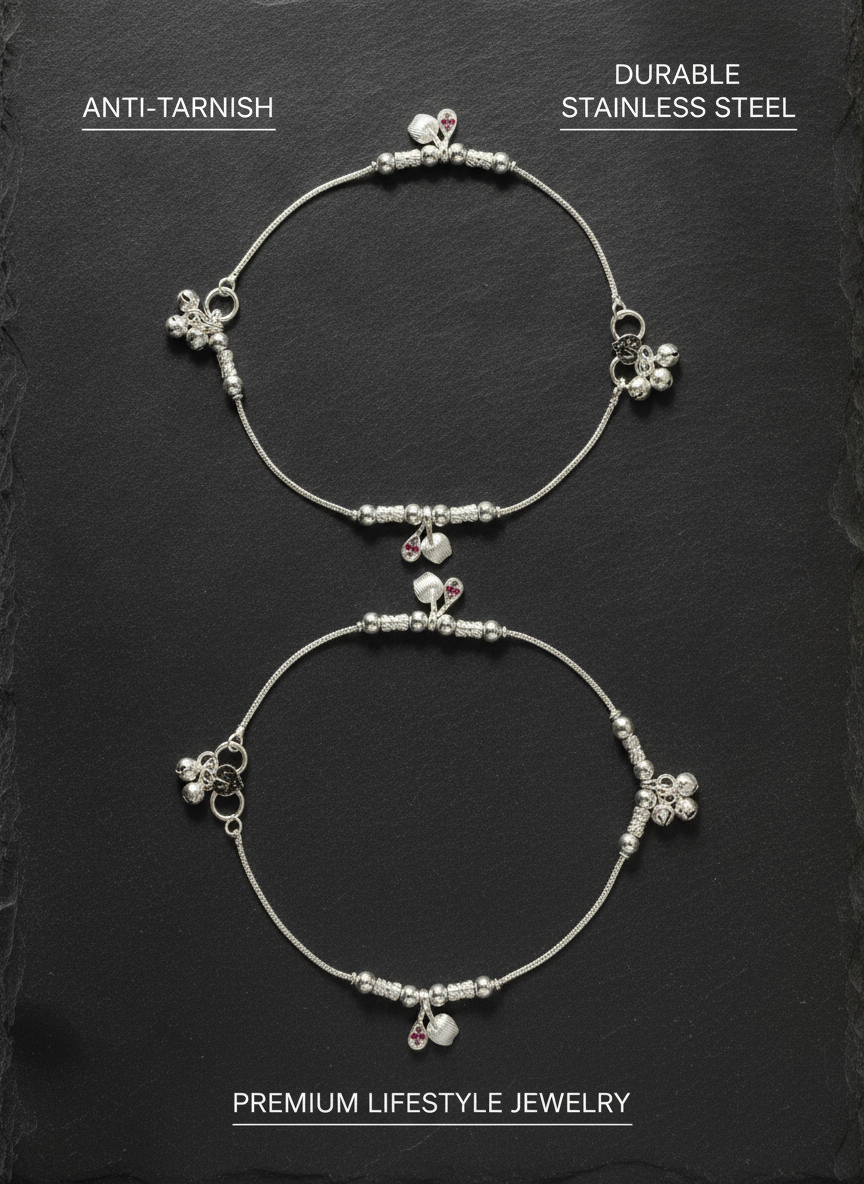 Women's Silver Plated Traditional Payal Heart Charm Anklets Pair for Girls - MVDRAKSR196