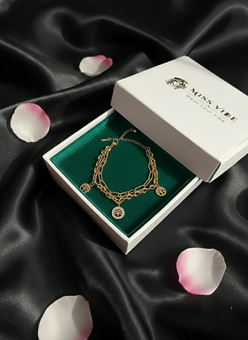 Gold Plated Tree of Life Triple Layered Charm Bracelet for Women and Girls - MVNFBRGD175
