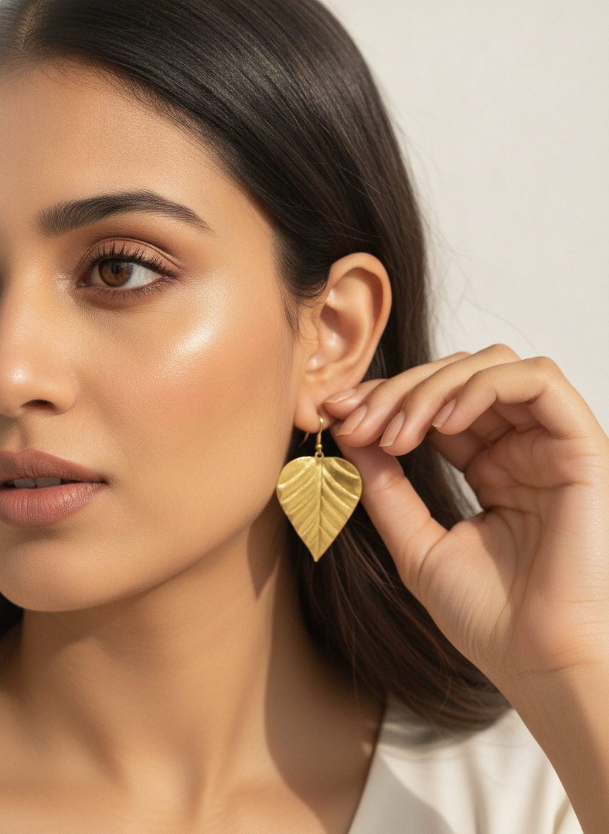 MVJ Gold Plated Textured Leaf Drop Earrings for Women and Girls - MVJPERGD211