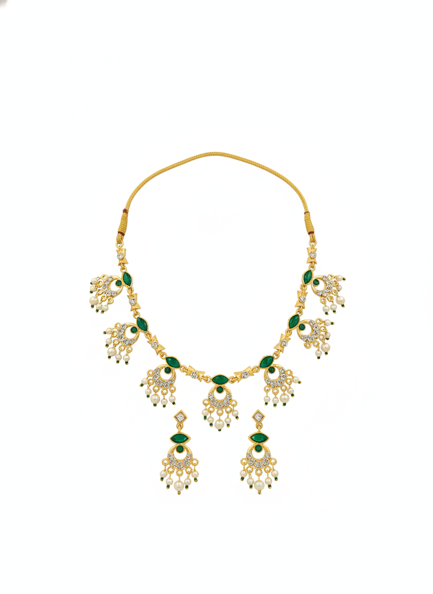Gold Plated Green Stone and Pearl Necklace Jewelry Set for Women - MVJPSTGD204