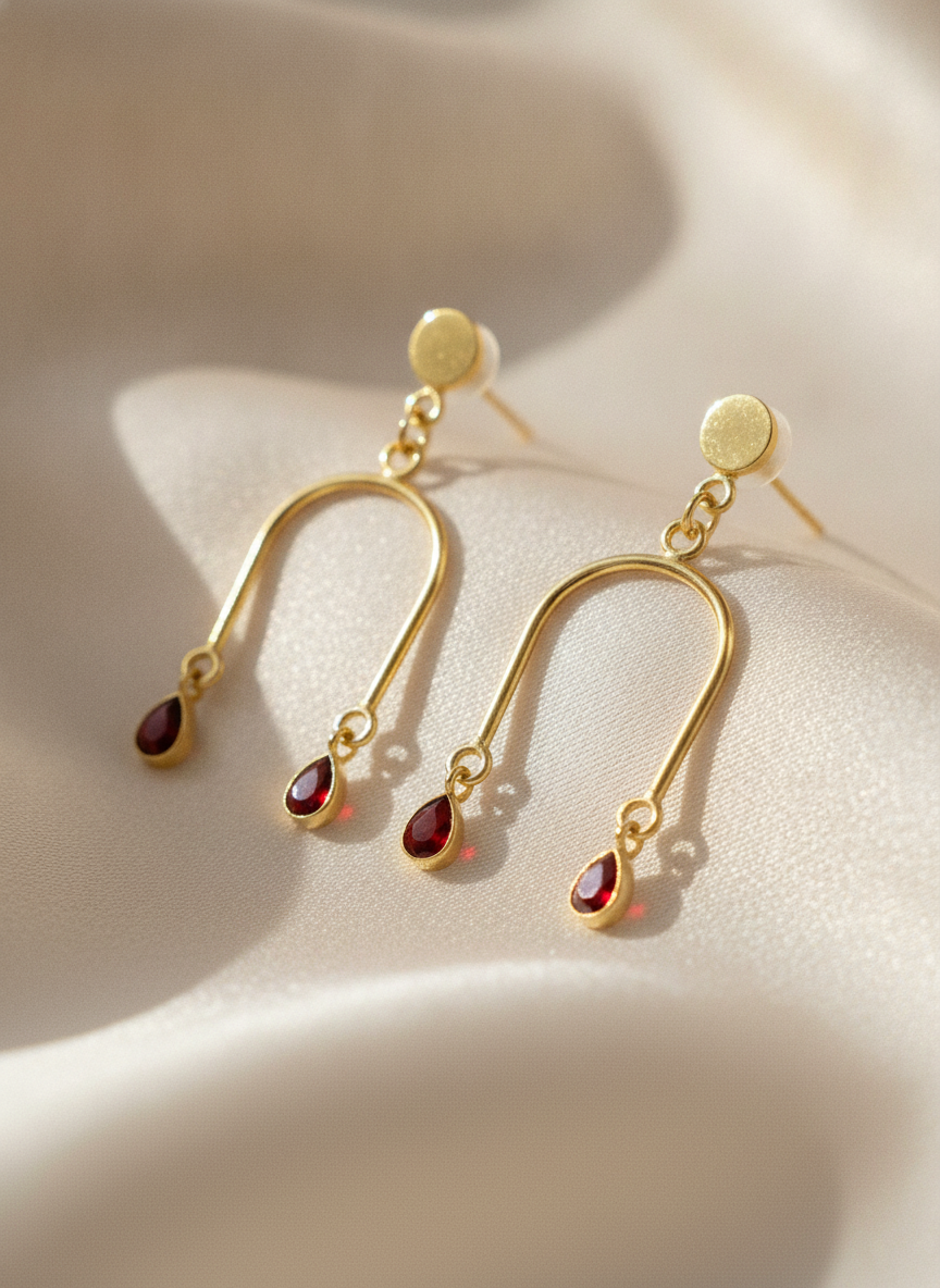 Gold Plated Contemporary Arch Drop Earrings with Ruby Red Teardrop Stones - MVJPERGD207
