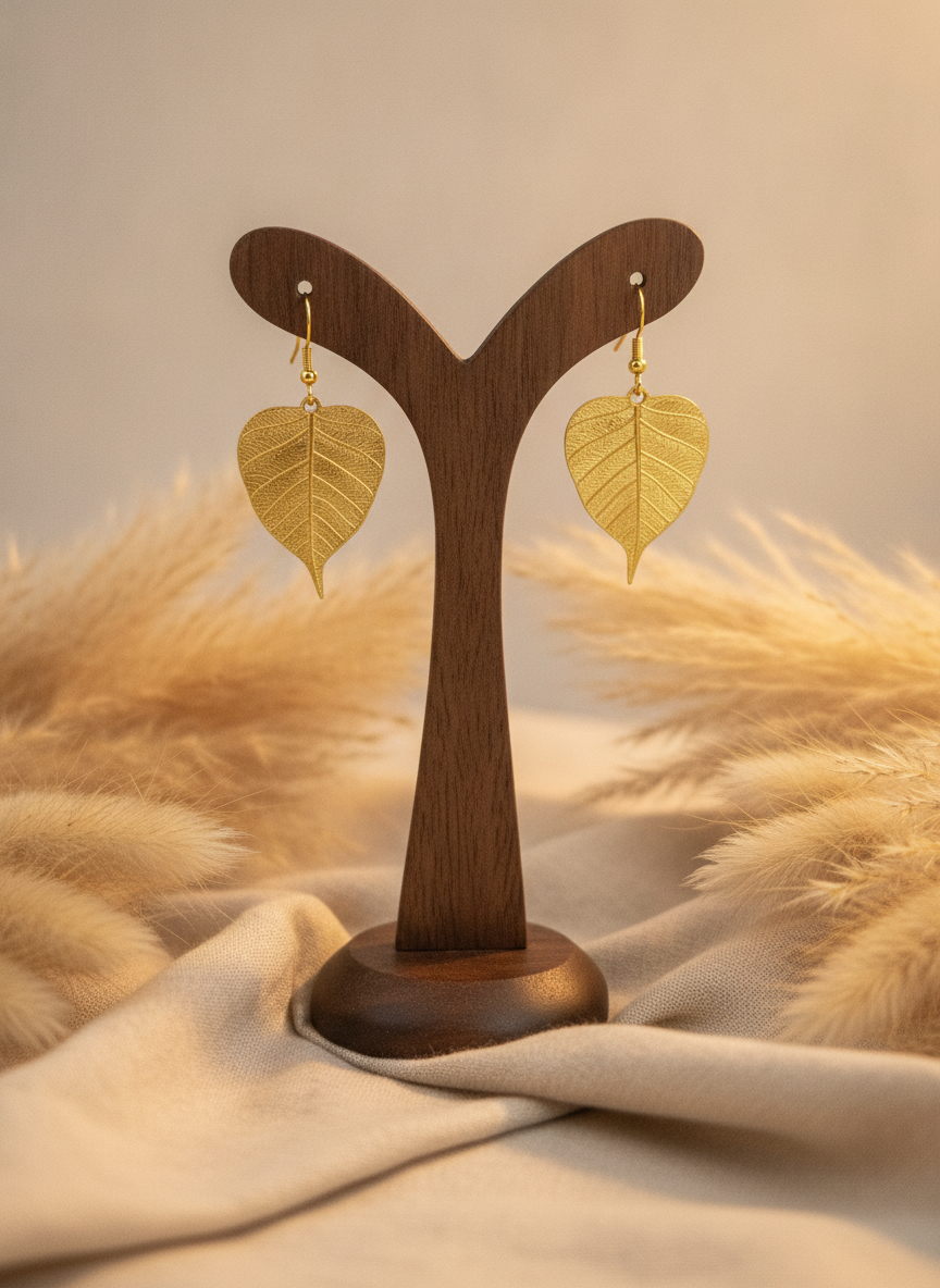 MVJ Gold Plated Textured Leaf Drop Earrings for Women and Girls - MVJPERGD211