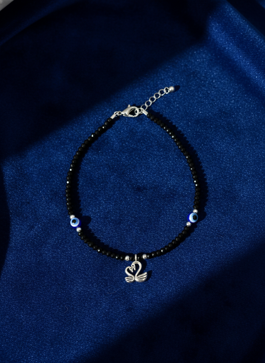 Tending Black Bead Anklet for Girls & Women |Evil Eye Protection | Silver Swan - MVDRAKSR105