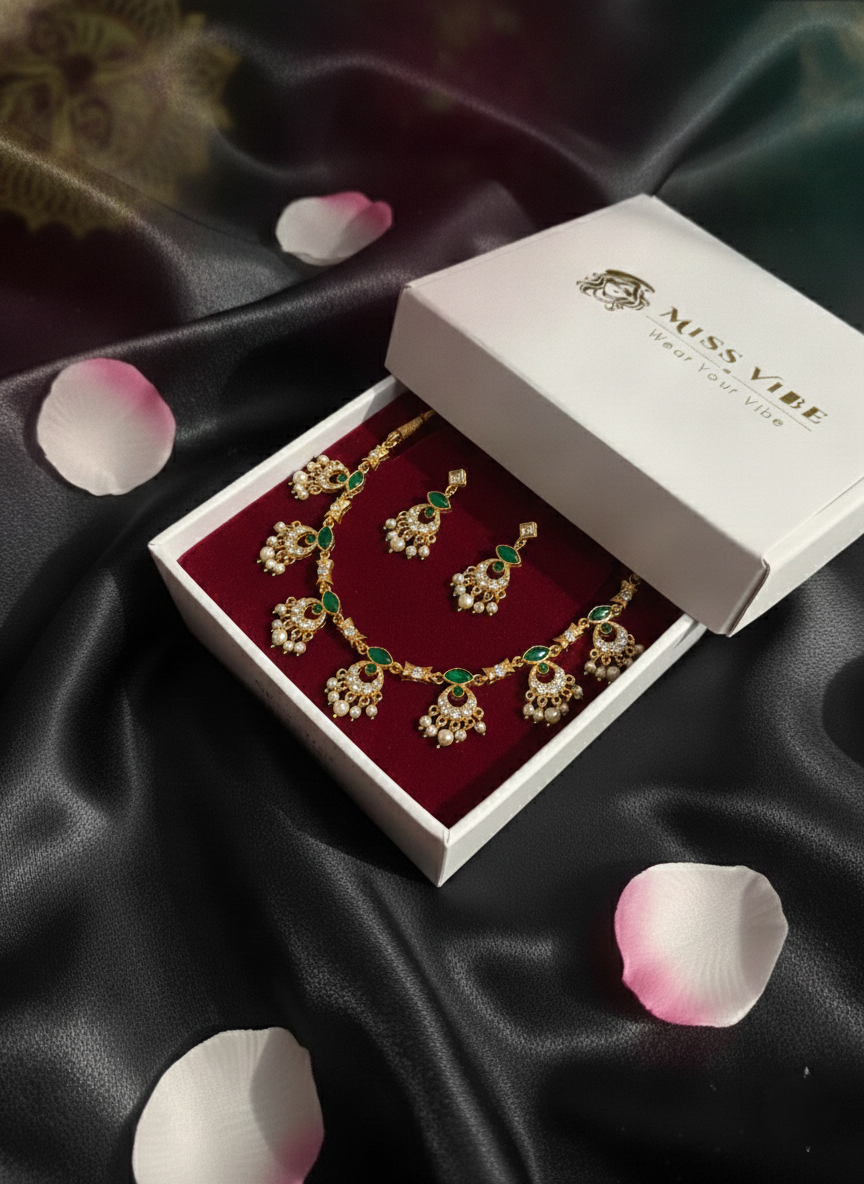Gold Plated Green Stone and Pearl Necklace Jewelry Set for Women - MVJPSTGD204
