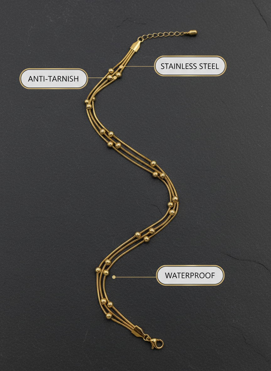 MVK Gold Plated Triple Layer Snake Chain Anklet with Beads for Women and Girls - MVKMAKGD170