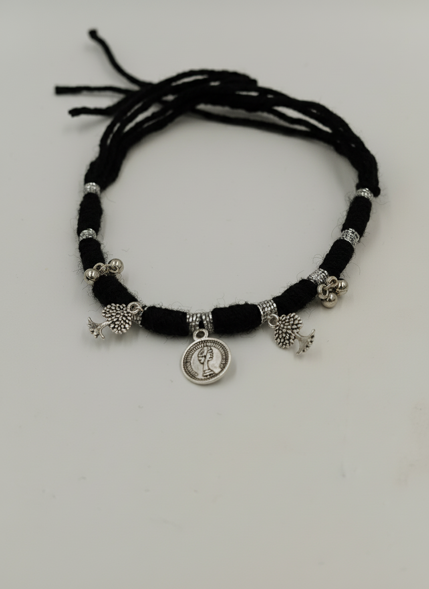 Silver Oxidised Black Thread Ring Bracelet for Women Boho Tribal Hathphool - MVDRBRGD172
