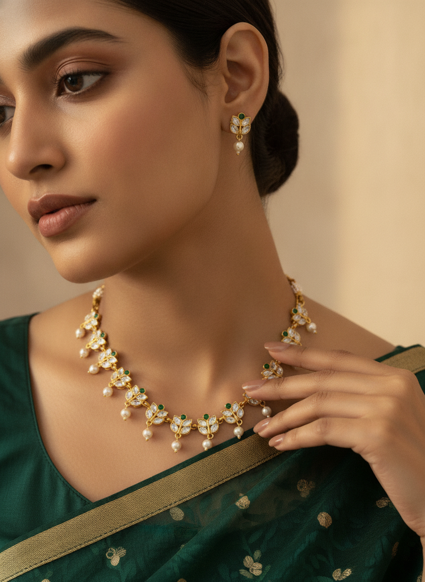 Gold Plated Green and White Stone Jewelry Set with Pearl Droplets - MVJPSTGD205