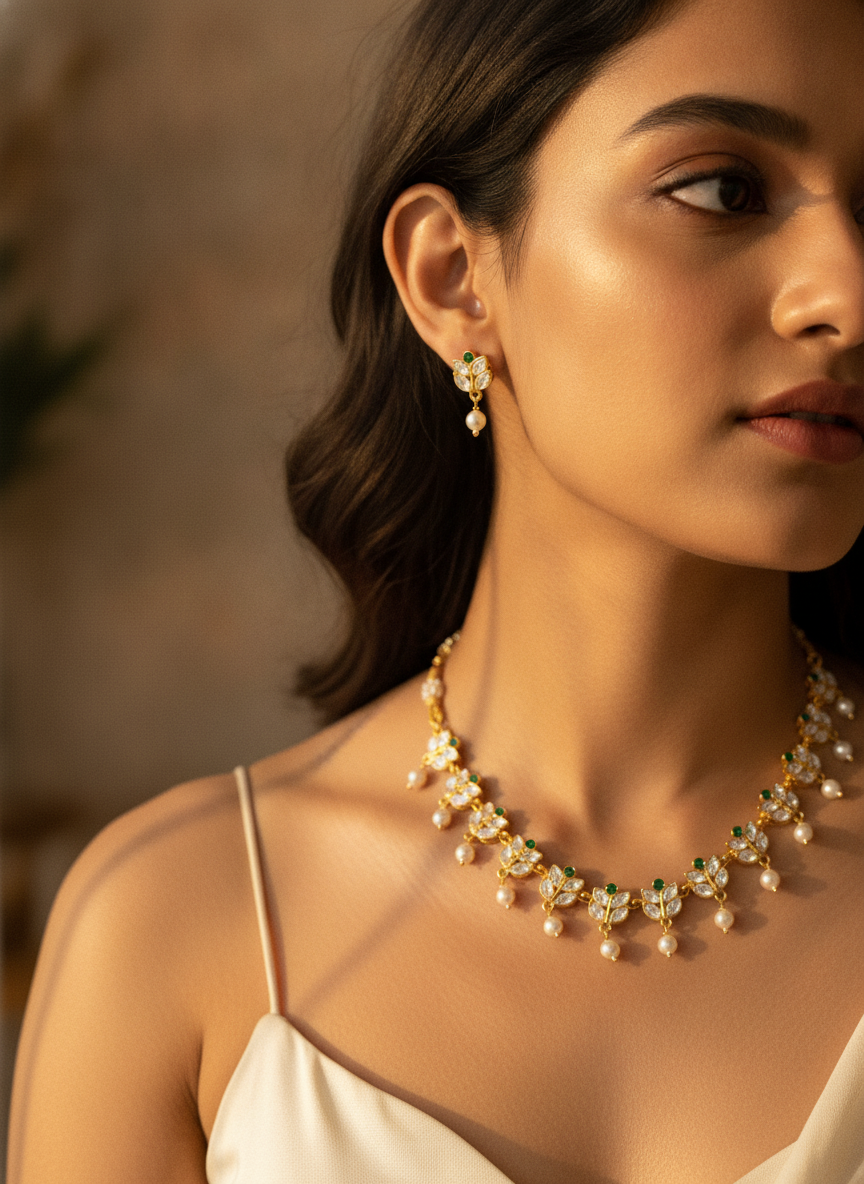 Gold Plated Green and White Stone Jewelry Set with Pearl Droplets - MVJPSTGD205