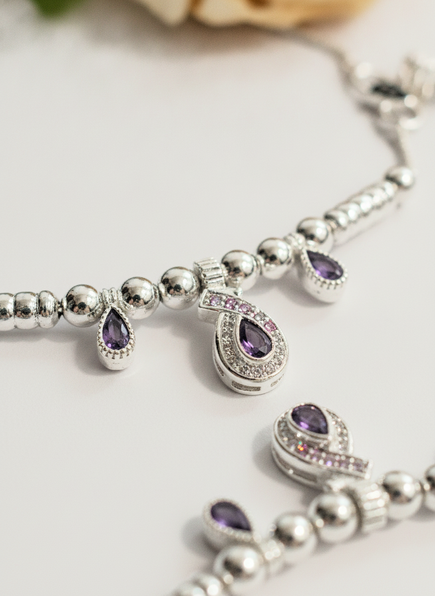 Silver Plated Purple Stone Anklet Pair for Women and Girls Payal - MVDRAKSR197