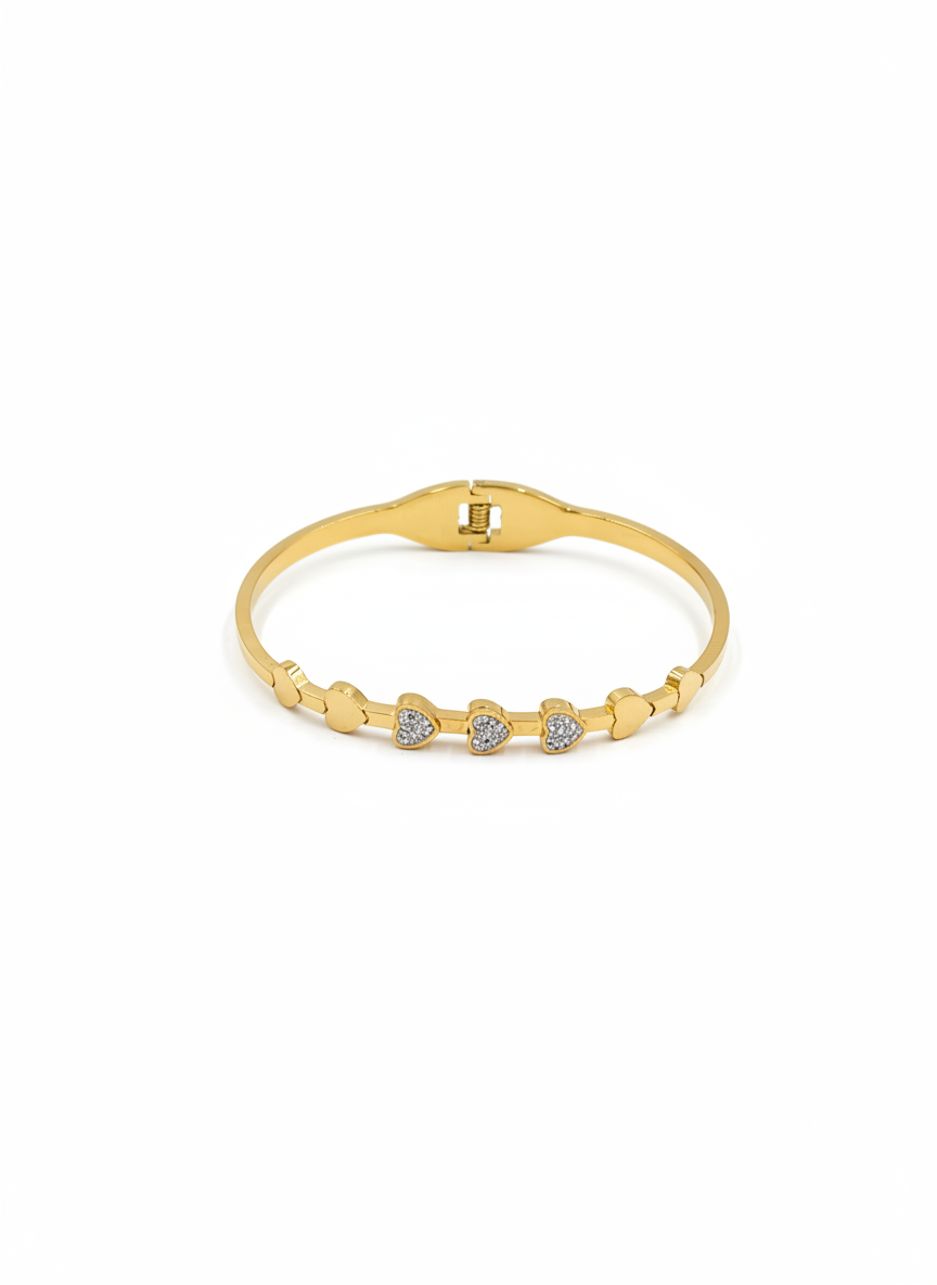 Gold Plated Crystal Heart Charm Bangle Bracelet for Women and Girls - MVANBRGD165