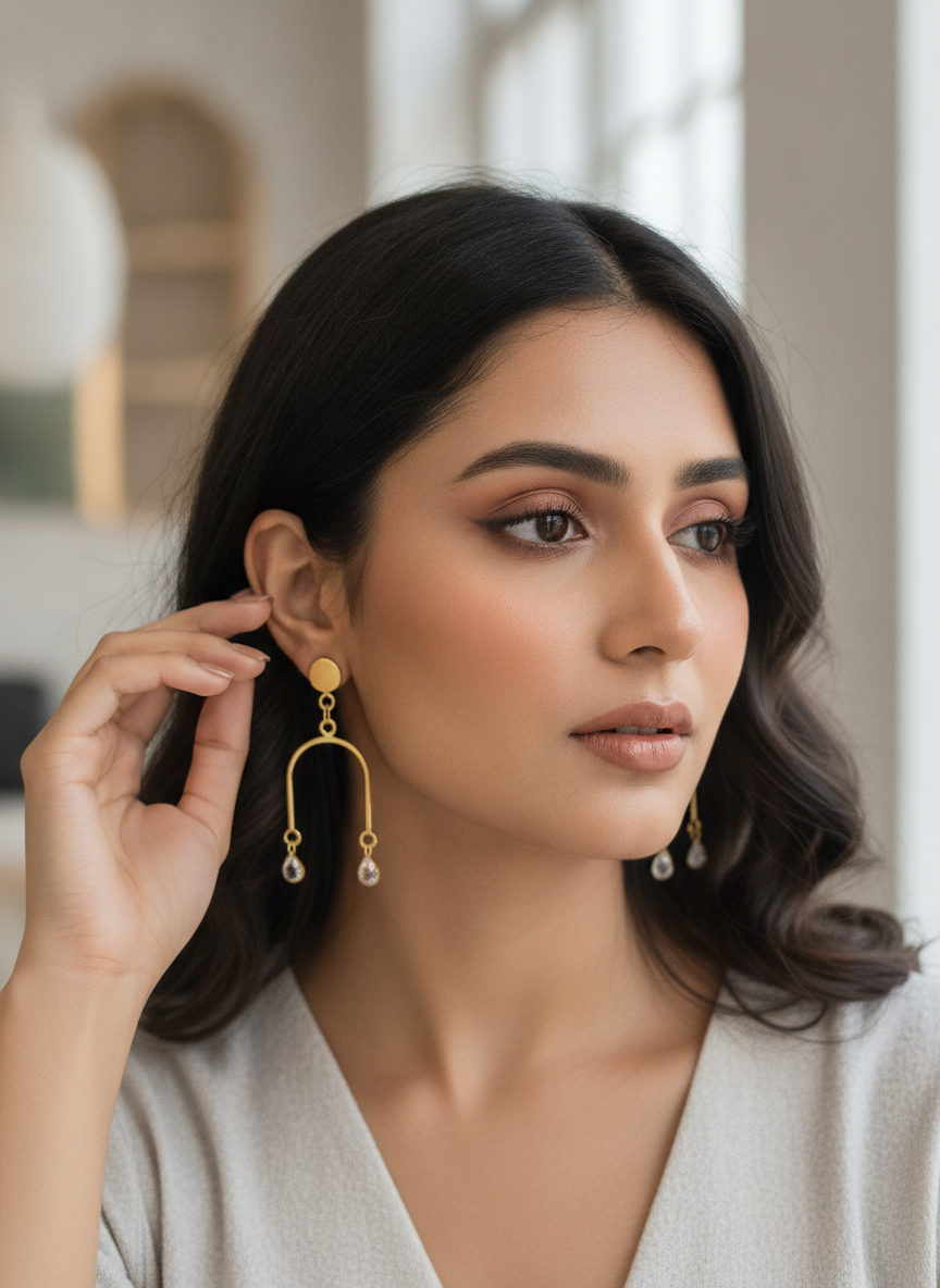 Elegant Gold Plated Arch Drop Earrings with Clear Teardrop Stones for Women - MVJPERGD208