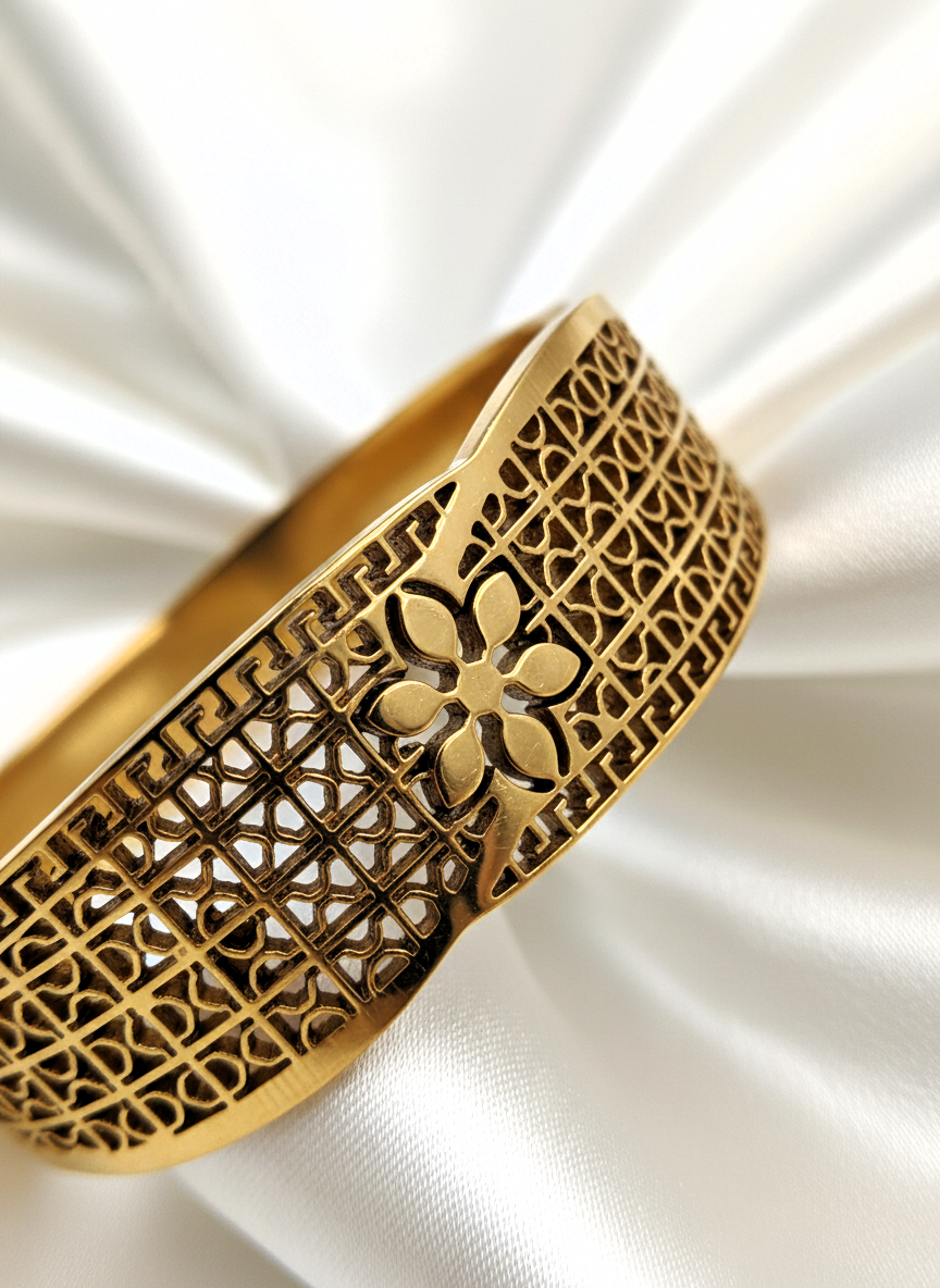 Elegant Gold Plated Floral Filigree Kada Bracelet for Women and Girls - MVNFBRGD171