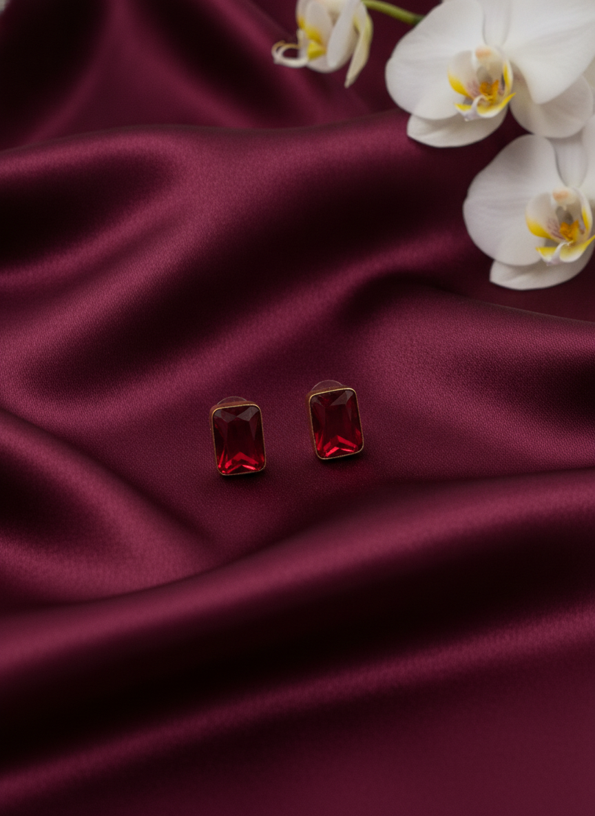 Elegant Ruby Red Rectangular Stud Earrings Gold Plated Minimalist Jewelry - MVJPERGD212