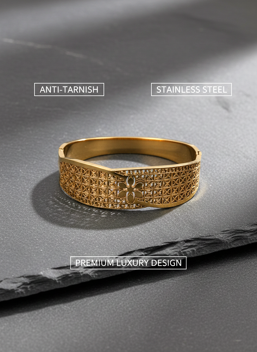 Elegant Gold Plated Floral Filigree Kada Bracelet for Women and Girls - MVNFBRGD171