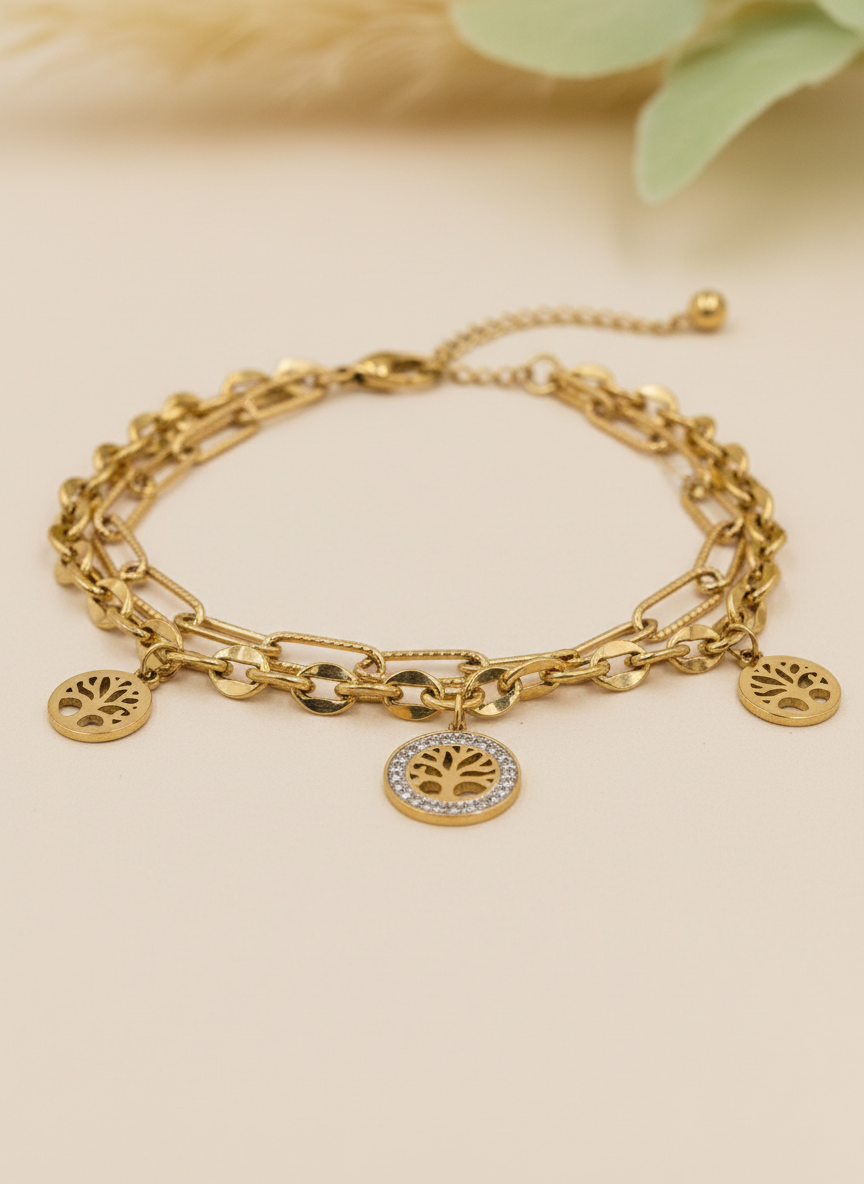 Gold Plated Tree of Life Triple Layered Charm Bracelet for Women and Girls - MVNFBRGD175