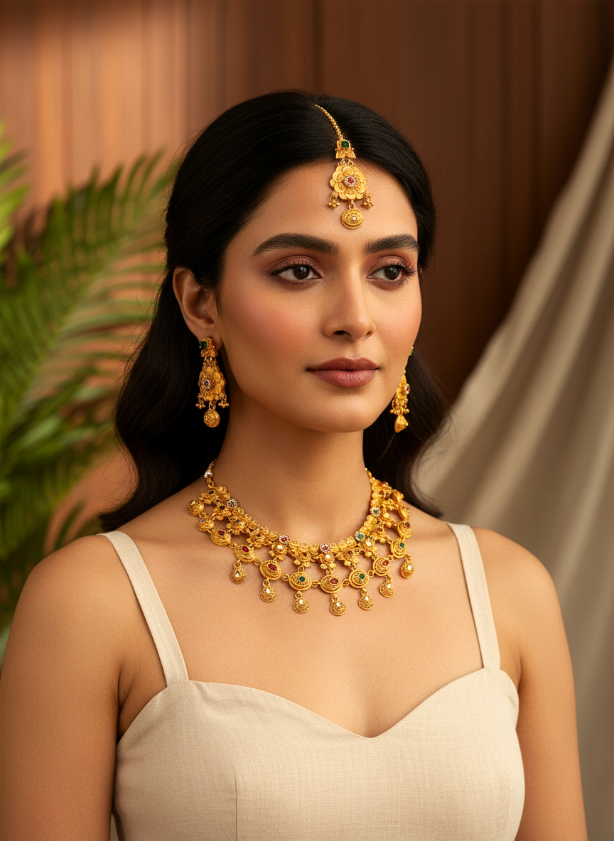 Ethnic Gold Plated Matte Necklace Set with Earrings and Maang Tikka for Women - MVMMSTGD185