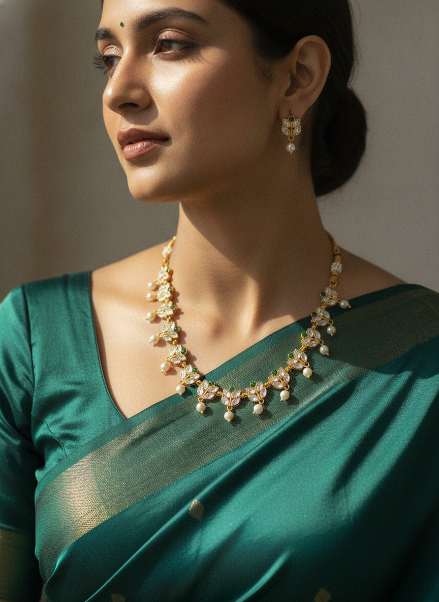 Gold Plated Green and White Stone Jewelry Set with Pearl Droplets - MVJPSTGD205