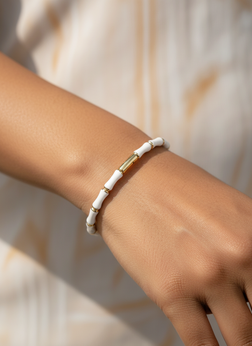 Elegant White and Gold Bamboo Design Bracelet for Women - Stylish Hand Accessory - MVHSBRGD143