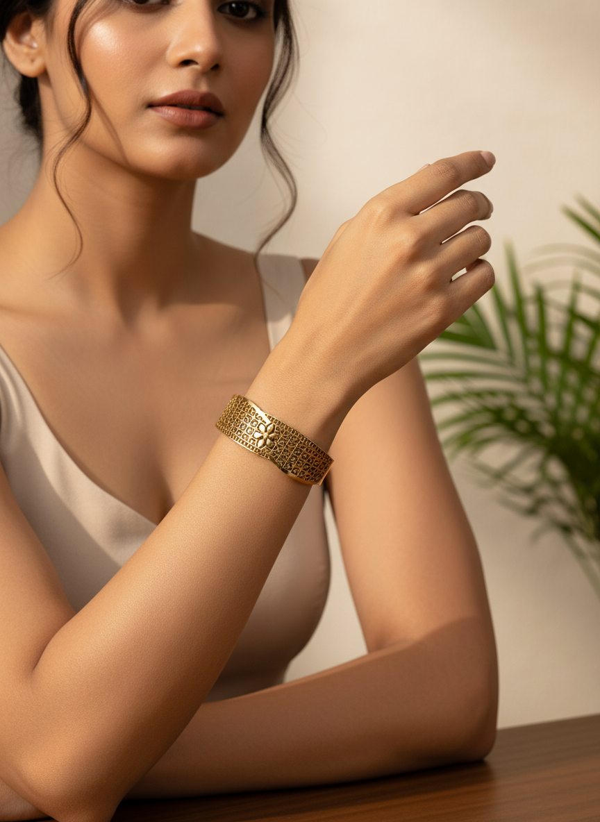 Elegant Gold Plated Floral Filigree Kada Bracelet for Women and Girls - MVNFBRGD171