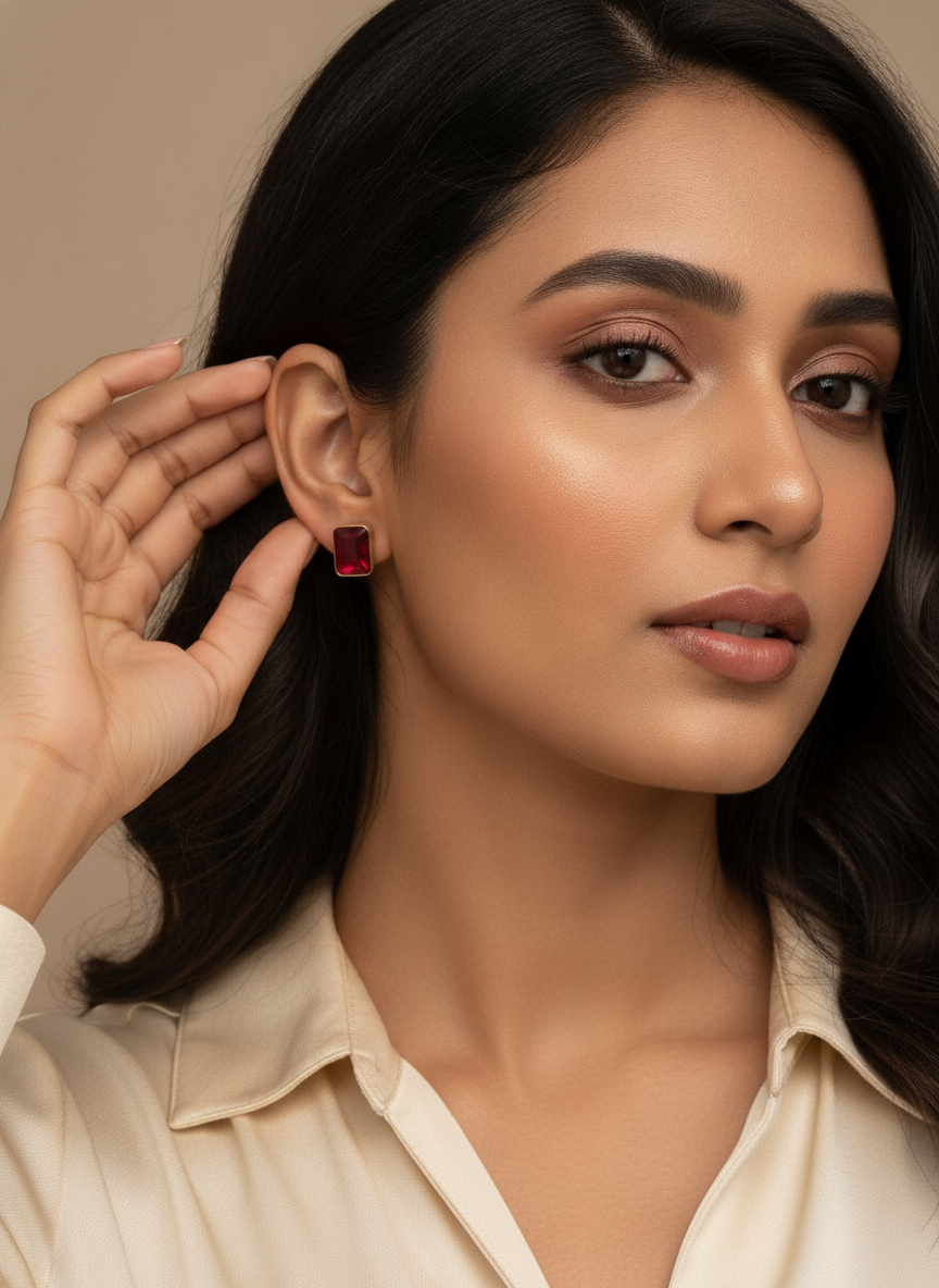 Elegant Ruby Red Rectangular Stud Earrings Gold Plated Minimalist Jewelry - MVJPERGD212