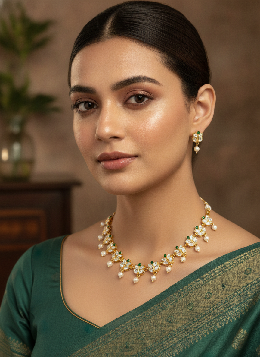 Gold Plated Green and White Stone Jewelry Set with Pearl Droplets - MVJPSTGD205