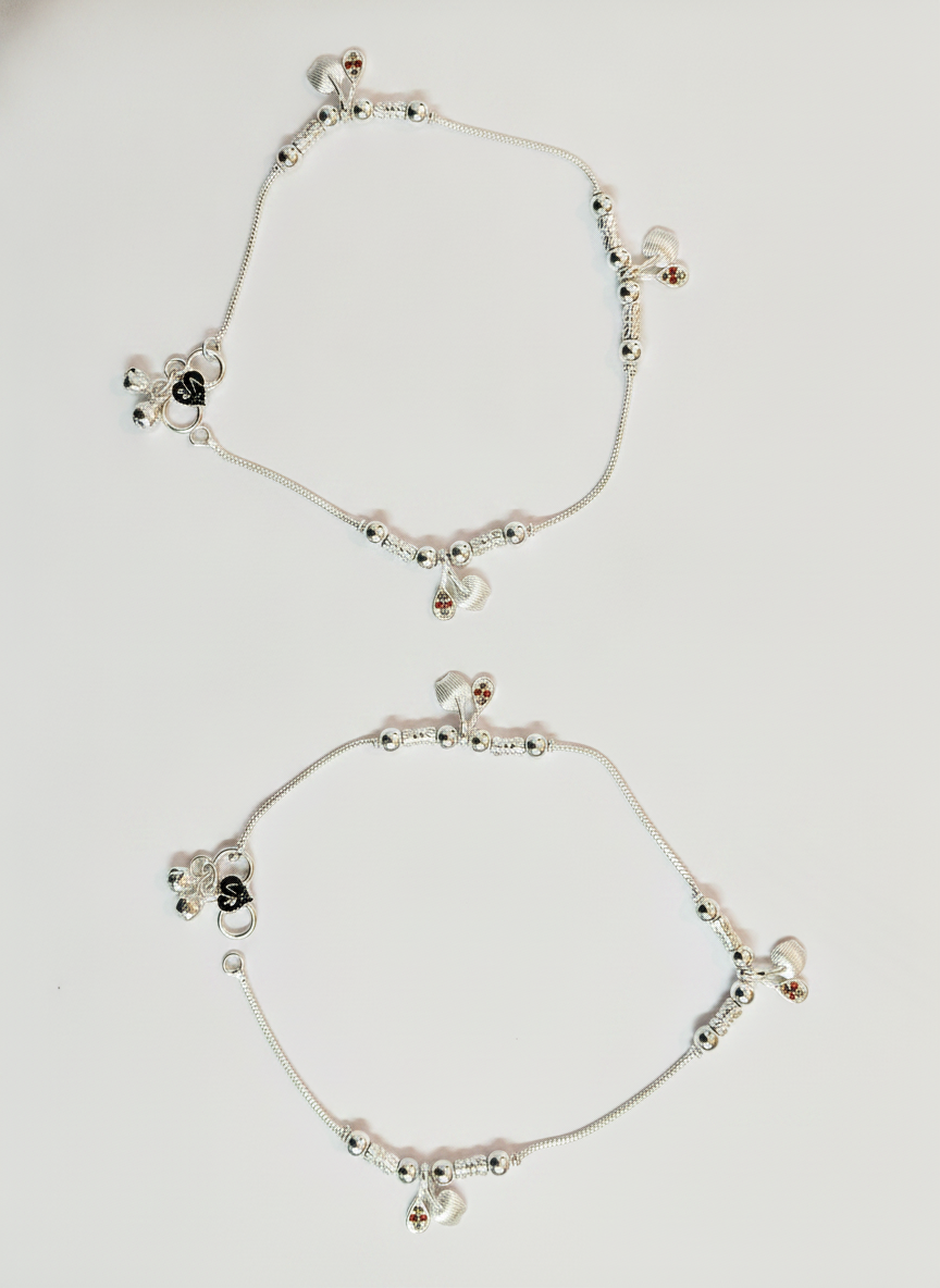 Women's Silver Plated Traditional Payal Heart Charm Anklets Pair for Girls - MVDRAKSR196
