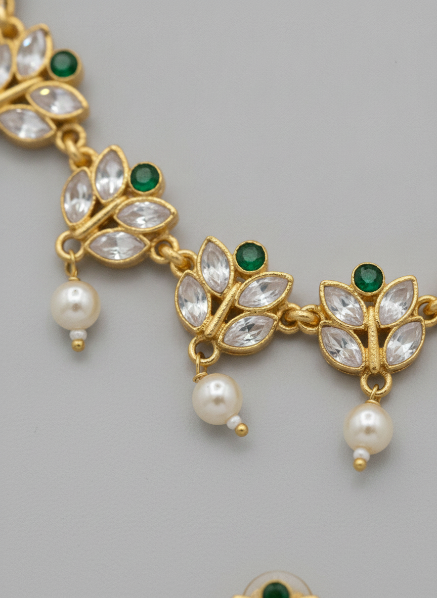 Gold Plated Green and White Stone Jewelry Set with Pearl Droplets - MVJPSTGD205