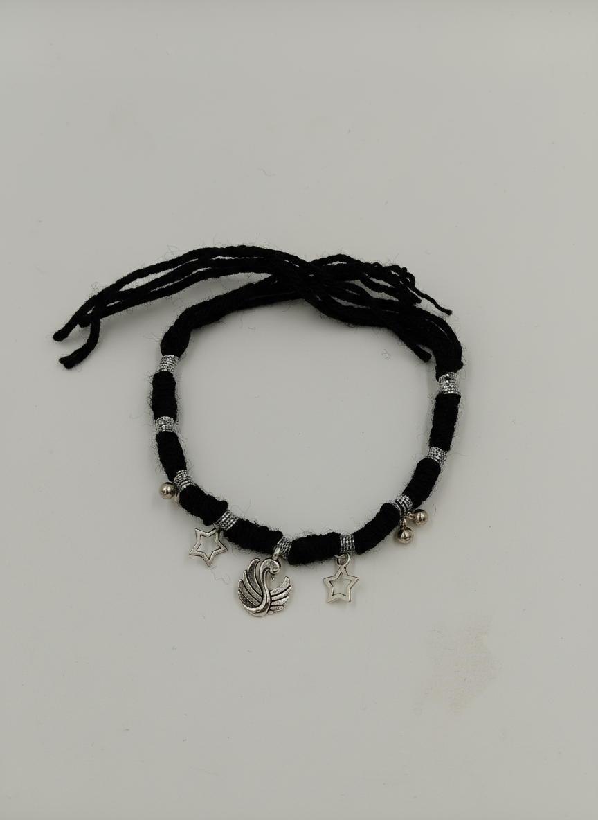 Women Black Thread Charm Bracelet with Oxidized Silver Swan and Star Charms - MVDRBRGD173