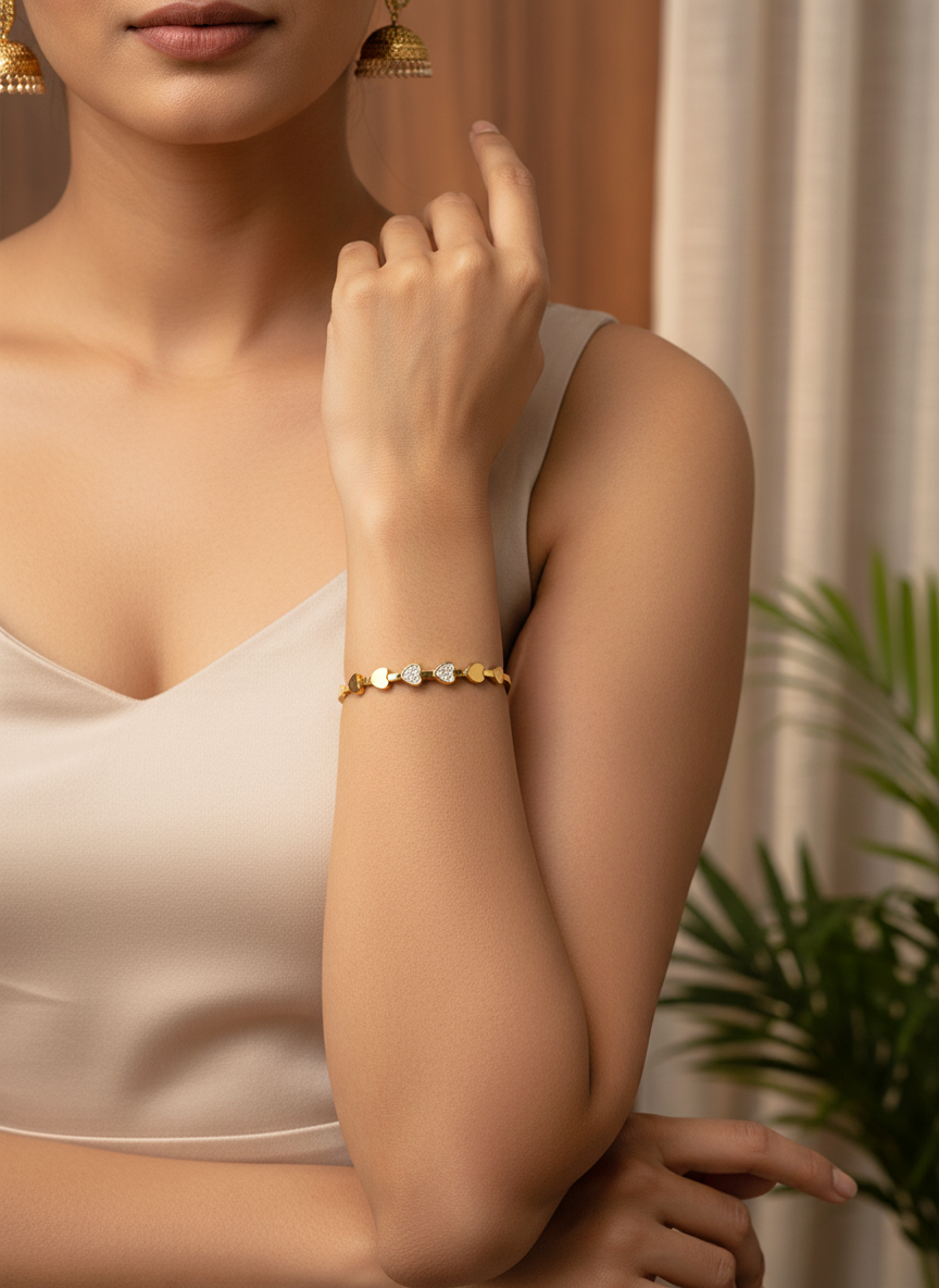 Gold Plated Crystal Heart Charm Bangle Bracelet for Women and Girls - MVANBRGD165