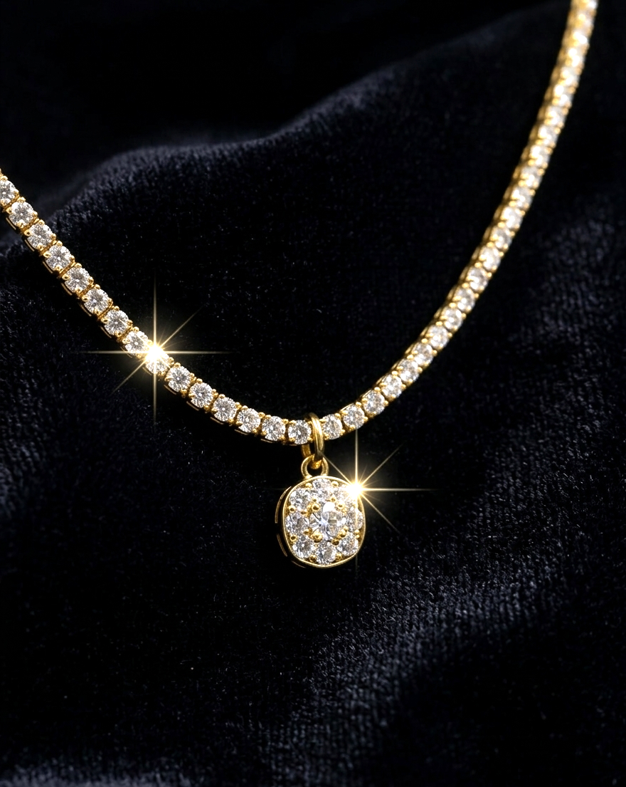Gold Plated CZ Stone Studded Tennis Chain Necklace with ROUND  Pendant Women - MVANNKGD158