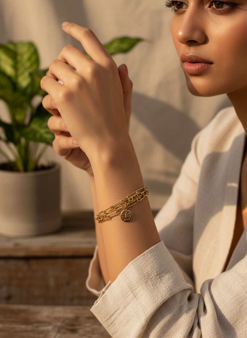 Gold Plated Tree of Life Triple Layered Charm Bracelet for Women and Girls - MVNFBRGD175