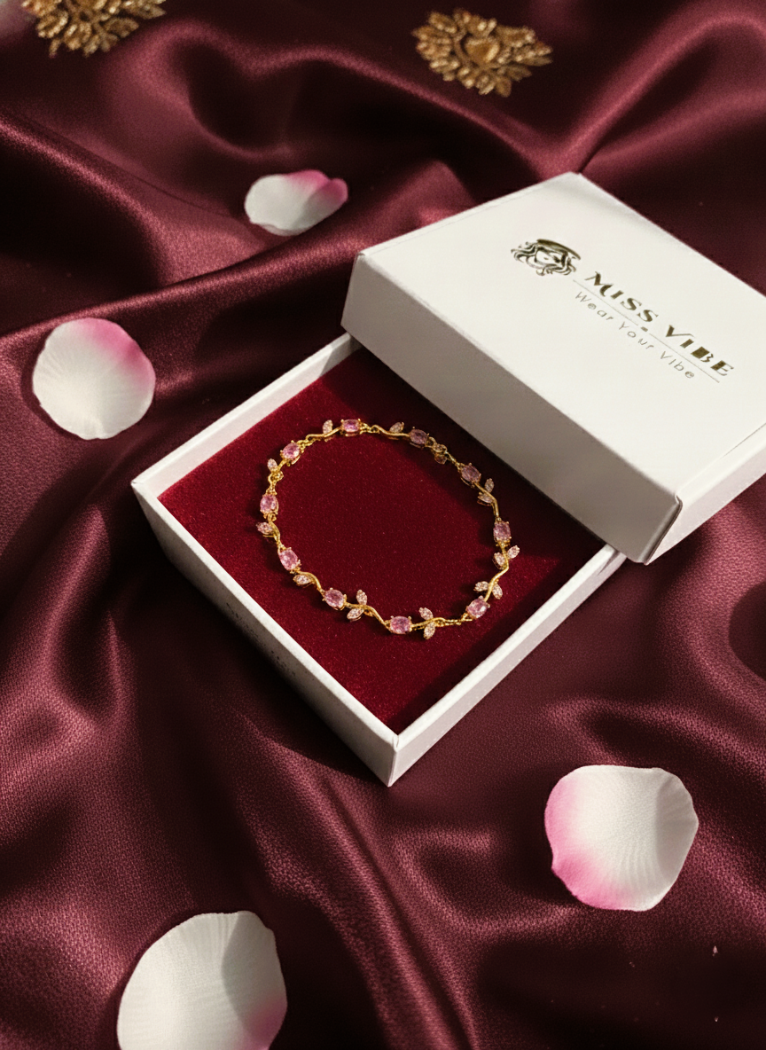 Elegant Gold Plated Pink Tulip Floral Bracelet for Women and Girls - MVDRBRGD198