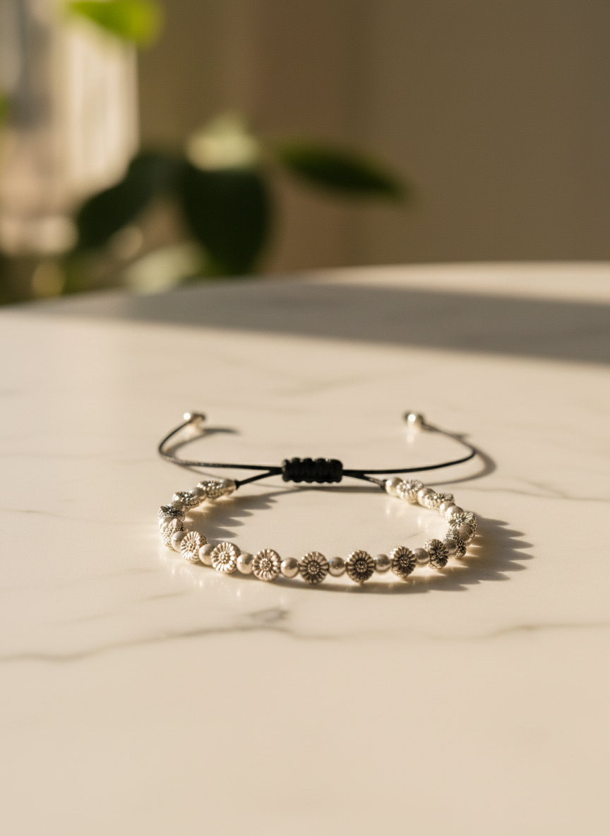 Silver Oxidised Floral Black Thread Anklet for Women and Girls - MVDRAKSR193