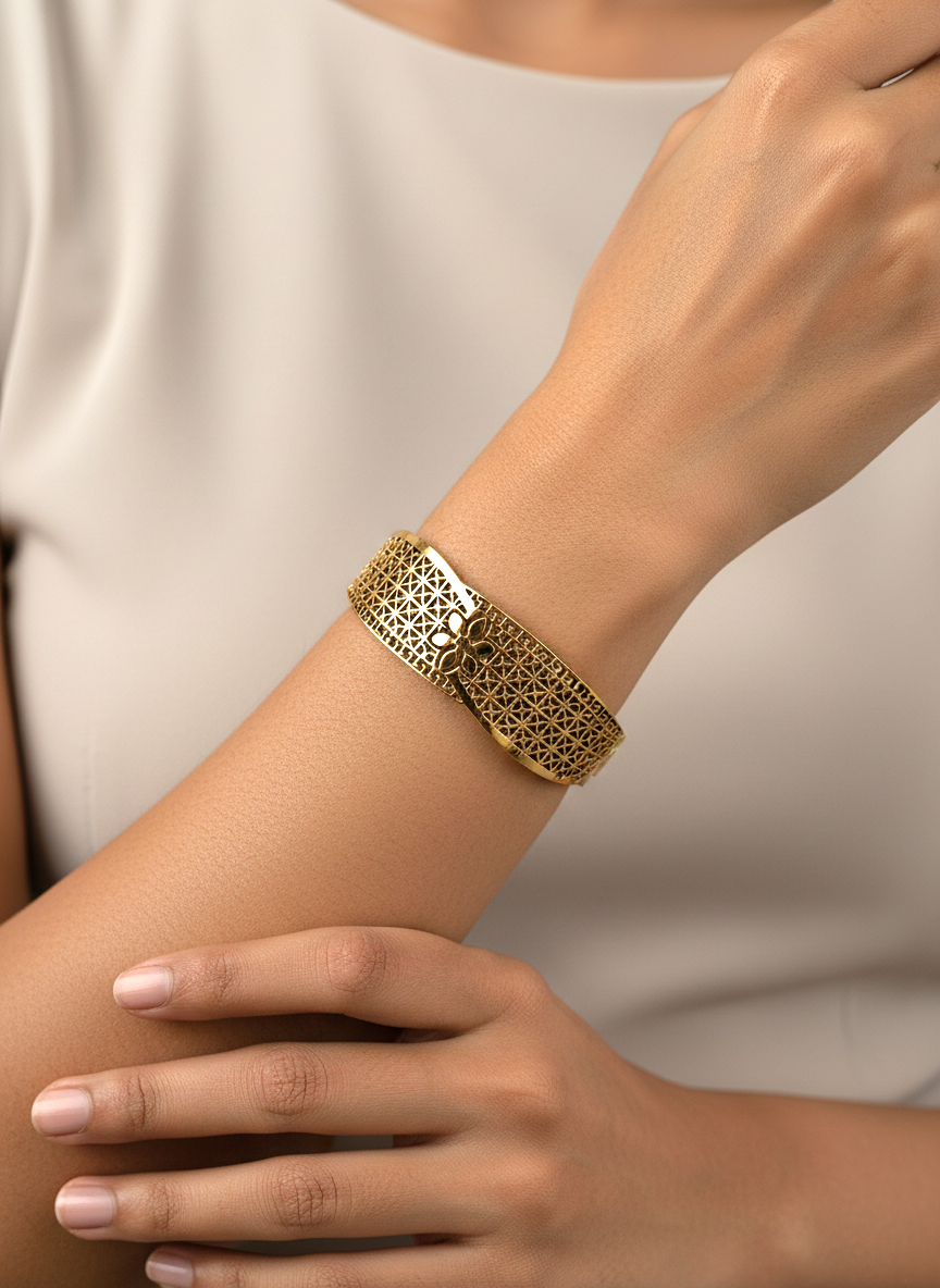 Elegant Gold Plated Floral Filigree Kada Bracelet for Women and Girls - MVNFBRGD171