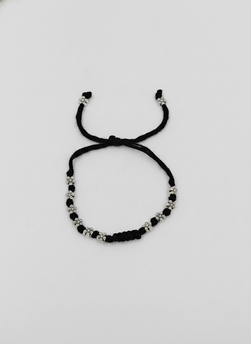 Black Thread Floral Bracelet with Silver Oxidised Beads for Women and Girls - MVJPBRSR203