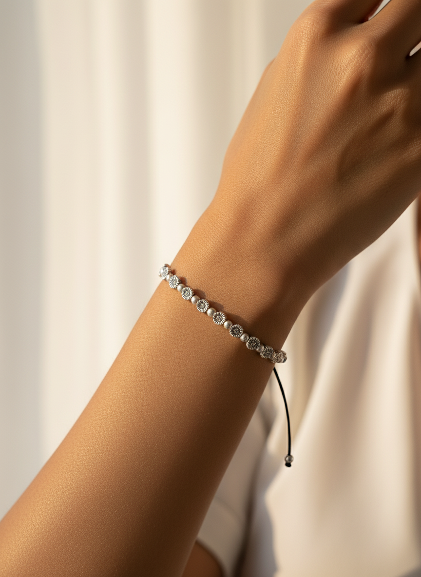 Silver Oxidised Floral Black Thread Anklet for Women and Girls - MVDRAKSR193