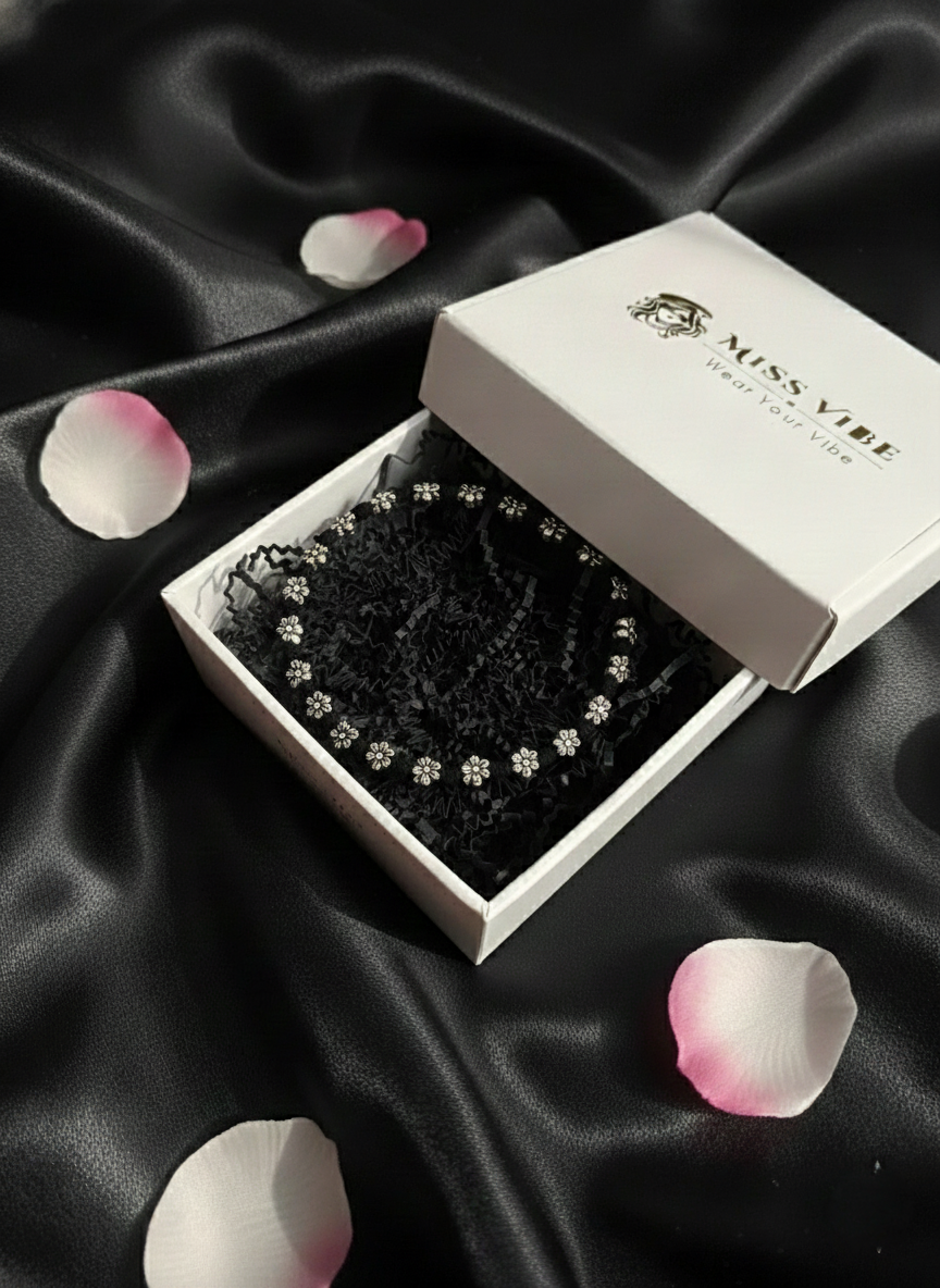 Black Thread Floral Bracelet with Silver Oxidised Beads for Women and Girls - MVJPBRSR203