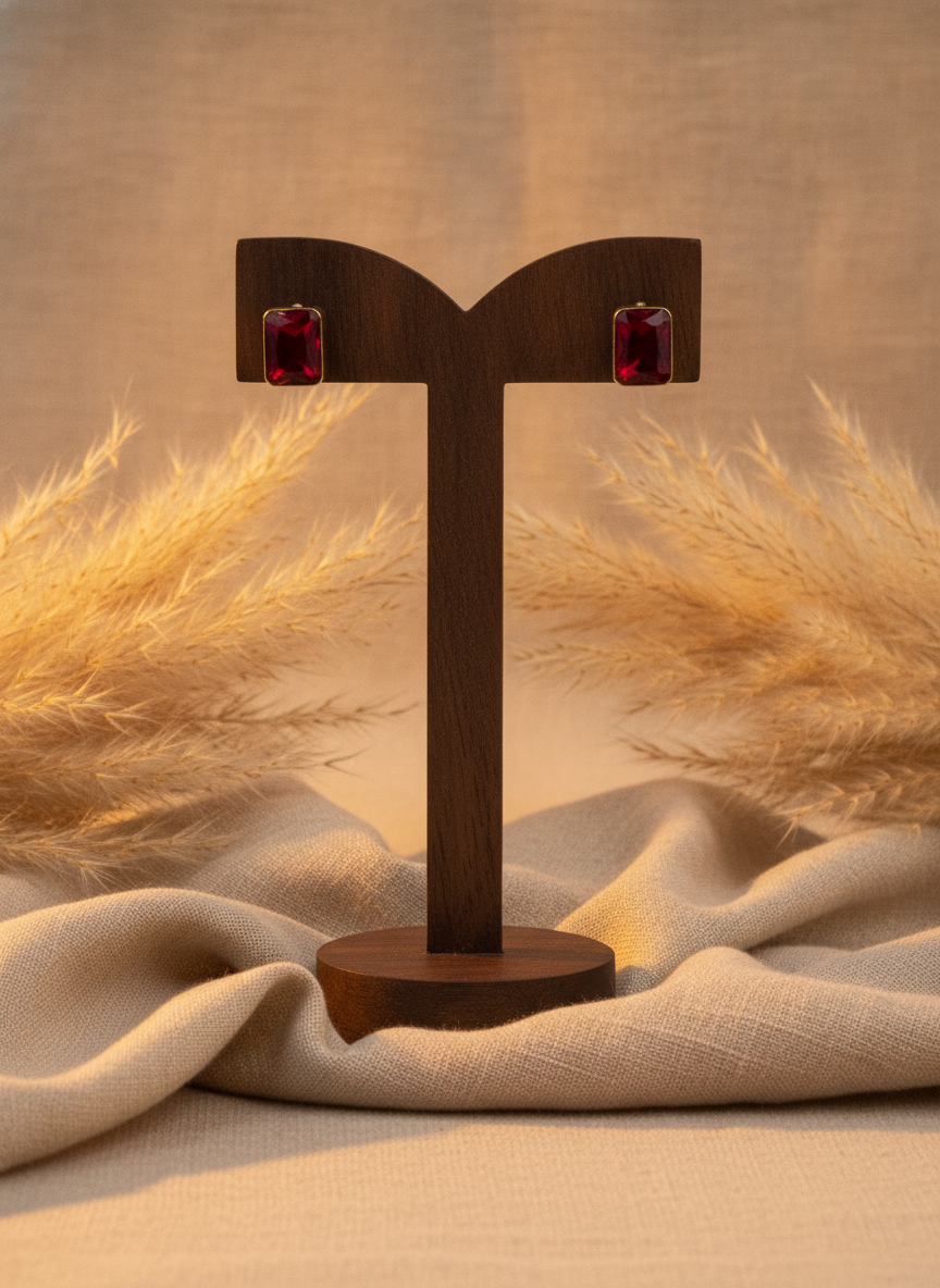 Elegant Ruby Red Rectangular Stud Earrings Gold Plated Minimalist Jewelry - MVJPERGD212